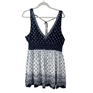 Aeropostale Sleeveless Knit Tunic Top XL Floral Blue White Cottagecore Neck Tie